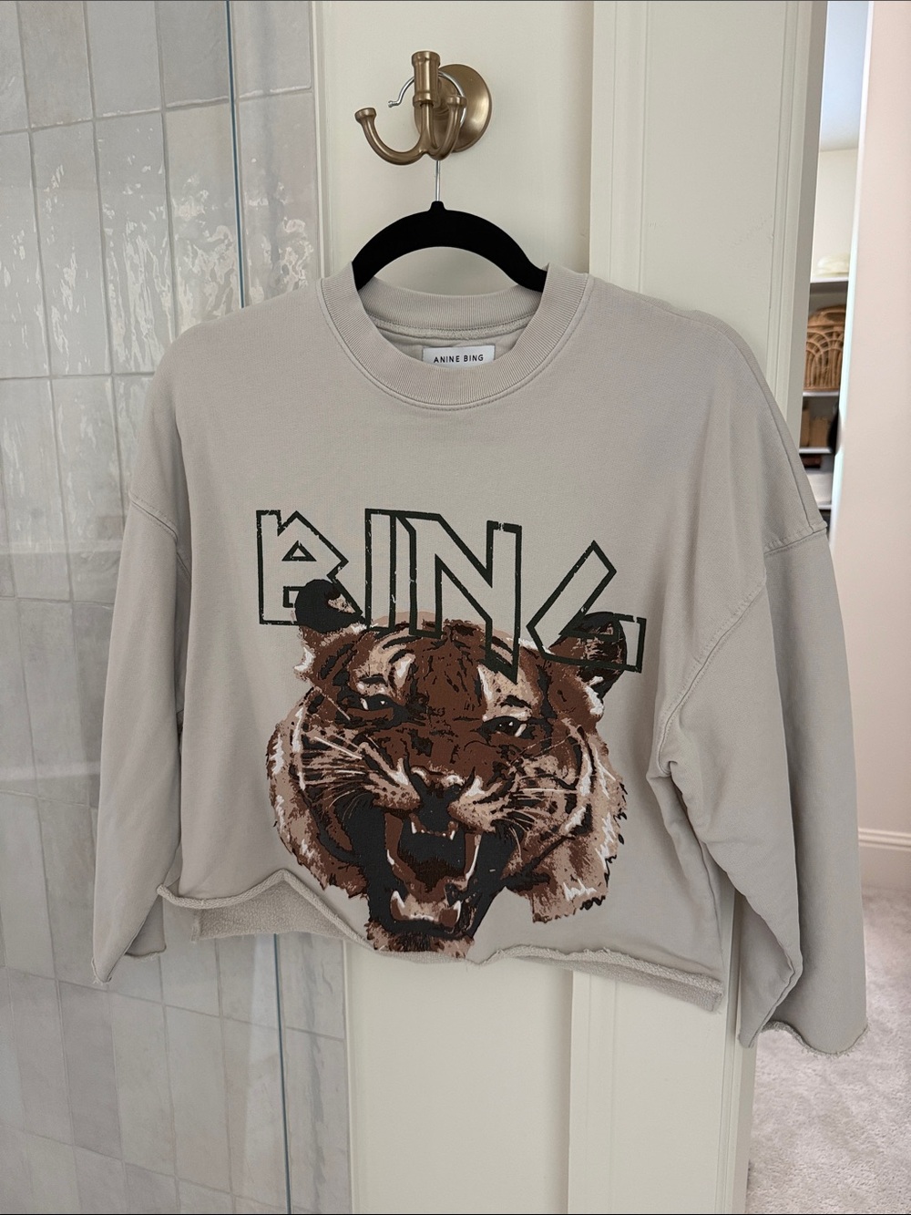 Anine Bing Light Beige Cropped Tiger Graphic Sweatshirt